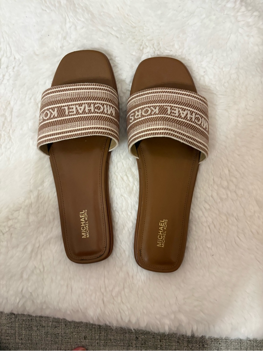 Michael Kors Tan and Cream Logo Strap Slide Sandals